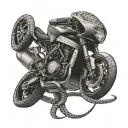 A sleek and modern tattoo featuring a sport motorcycle intertwined with a snake, symbolizing speed and agility tattoo design idea