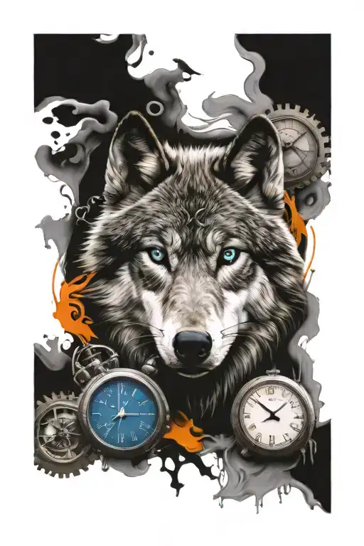 Wolf with blue and orange eyes and clocks side by side tattoo design idea