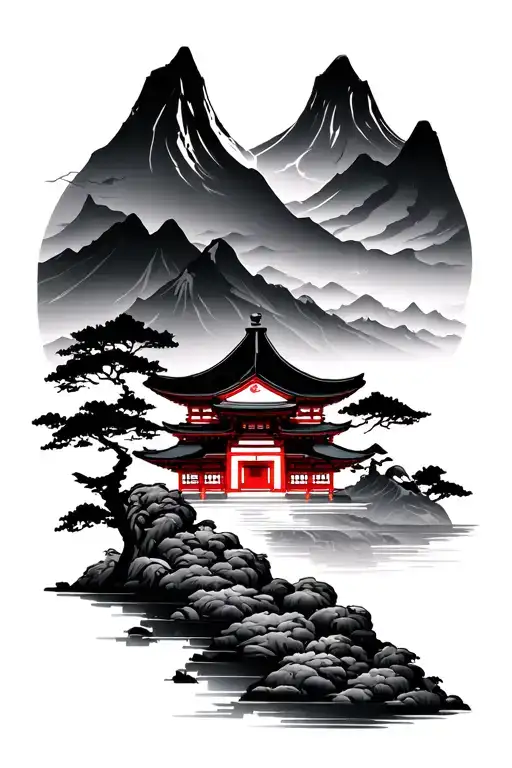 Japanese temple and mountain scene tattoo design idea