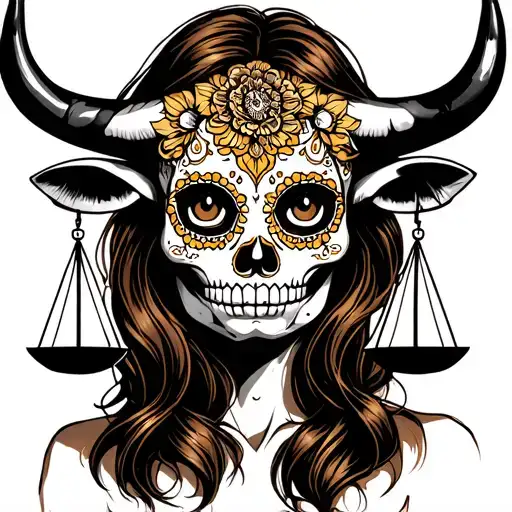 woman bull with sugar skull markings, brown eyes, brown hair and two Libra scales.  tattoo design idea