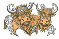 two highland cows with their noses touching like a kiss. one cow is wearing a viking helmet, the other cow has a shield tattoo design idea