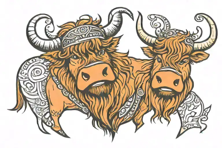 two highland cows with their noses touching like a kiss. one cow is wearing a viking helmet, the other cow has a shield tattoo design idea