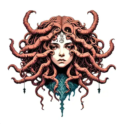 gothic medevial medusa holding the head tattoo design idea