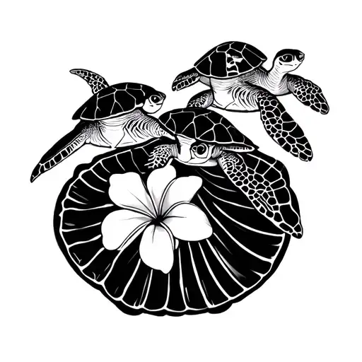 lmama sea turtle And 3 young sea turtles. on the Mama's shell plates include 3 plumeria designs. have young on the Mama tattoo design idea