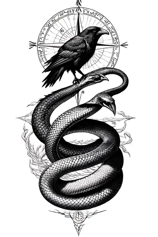 Vegvisir at the top as a compass •Raven wings at the top right, raven head at the top left, snake in one plane, coiled in the middle, tattoo design idea