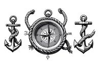 compass with anchor and rope wrapped around arm tattoo design idea
