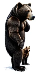 A hyper-realistic black and grey tattoo-style, a powerful adult male bear stands in a Nordic forest with 2 bears tattoo design idea