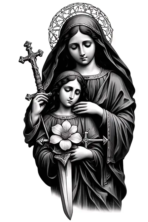 mother Mary and Joan of arc flowers rosary sword tattoo design idea