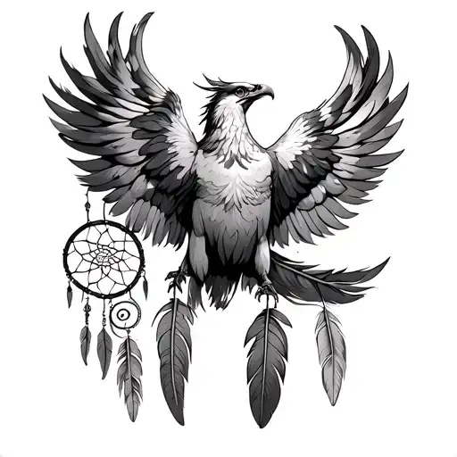phoenix carrying a dreamcatcher with the names Alyssa, Alex, Andrew, Abigail and Adrian written in phoenix feathers. tattoo design idea