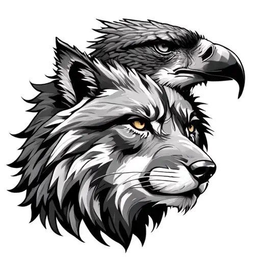 half lion face half wolf face and eagle on the top  tattoo design idea