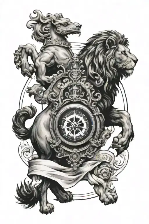 compass, lion and lamb looking, chess knight,  tattoo design idea