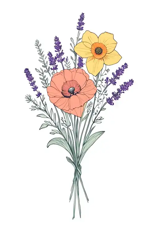Bouqet of Poppys, Aster, Lavender, Daffodils, and Bells of Ireland tattoo design idea