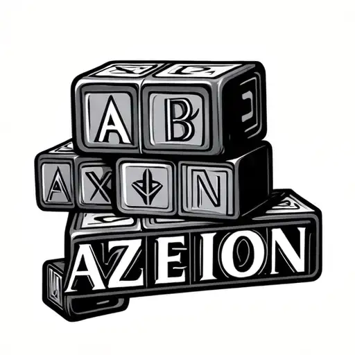 "Azeion" abc blocks stacked with "AZEION" tattoo design idea