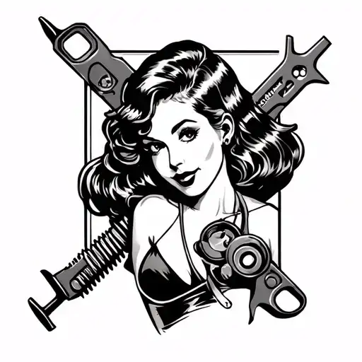 mechanic tool as a border around a pinup girl tattoo design idea