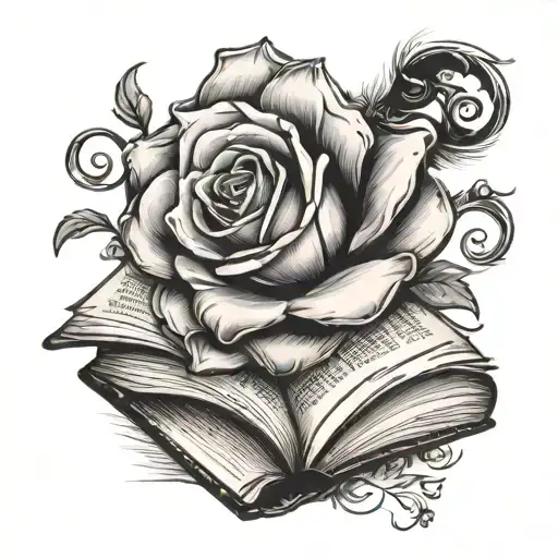 Open book single rose magician's wand tattoo design idea