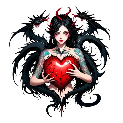 tattooed anime demon spirit woman holding a shattered heart with a heart shaped black dragon surround tattoo design idea