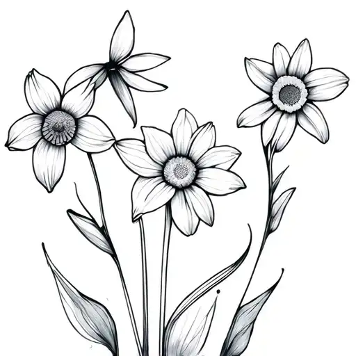 a graceful and feminine fineline tattoo in grey shades and black with the following flowers: daffodil, daisy, lily of th tattoo design idea