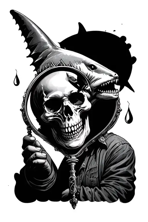 skull with a shark coming out of his head holding a mirror with o me side of a tear drop tattoo design idea