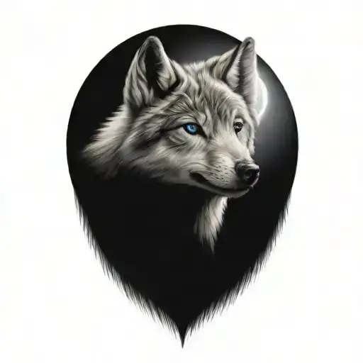 happy tongue gray wolf puppy with blue eyes surrounded tattoo design idea