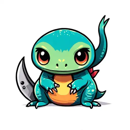 cute axelotl with a lot of color, upright with a knife in the hand  tattoo design idea