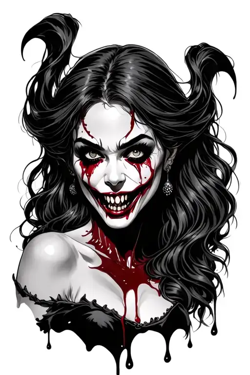female vampire dripping blood from teeth at night tattoo design idea