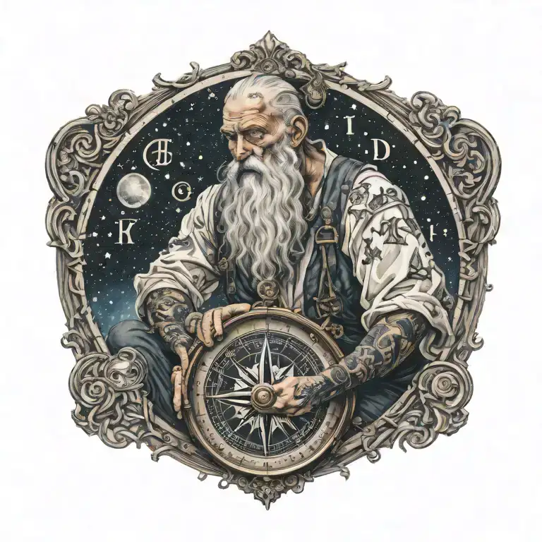Father Time with tattoos, crying, holding a nautical compass, starry night background  tattoo design idea