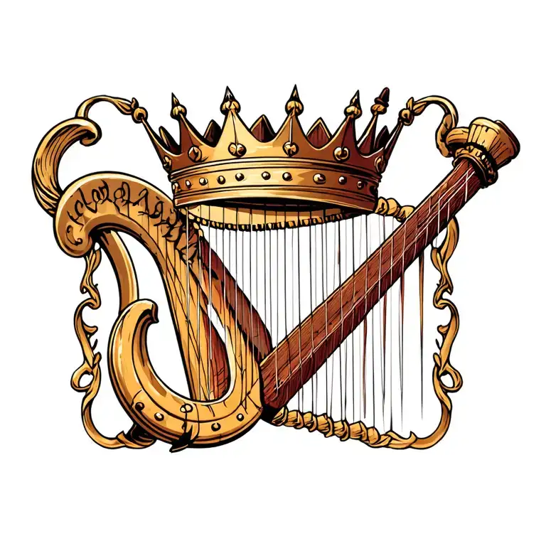 harp with crown hanging tattoo design idea