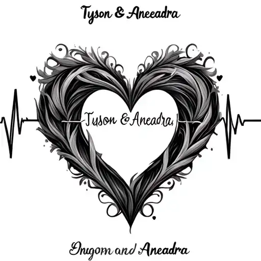 create romantic delicate font heartbeat tattoo with names Tyson and Aneadra integrated into beat tattoo design idea