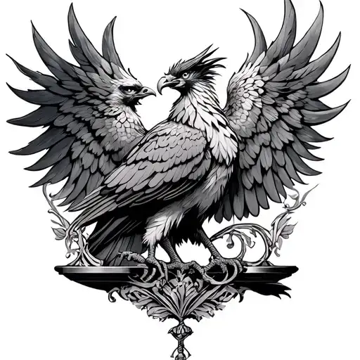 Phoenix perched on a ornemental scale balanced tattoo design idea