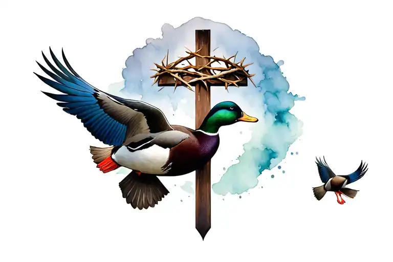 cross with a crown of thorns mallard ducks flying in the background tattoo design idea