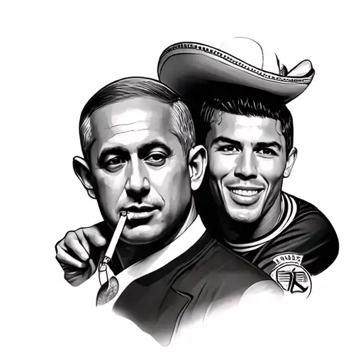 A tattoo of Benjamin Netanyahu with a cigarette, Eyal Golan wearing a sombrero, and Cristiano Ronaldo hugging, with the  tattoo design idea