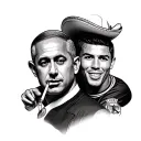 A tattoo of Benjamin Netanyahu with a cigarette, Eyal Golan wearing a sombrero, and Cristiano Ronaldo hugging, with the  tattoo design idea