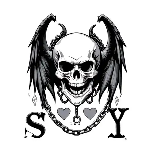 "Shay" Skulls, chains, hearts, demon wings tattoo design idea