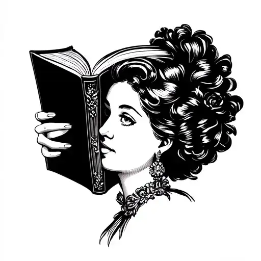 black and white lady head profile holding a book tattoo design idea