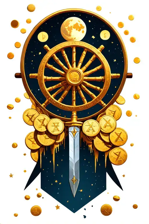 main focus on a wagon wheel and surrounding elements of gold coins, moon phases, dagger and Star of David  tattoo design idea