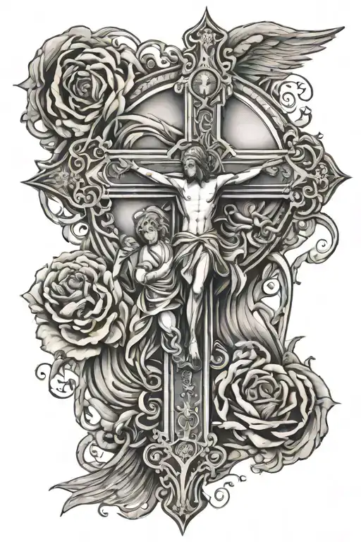 Catholic cross with kids Dante Ricky  tattoo design idea