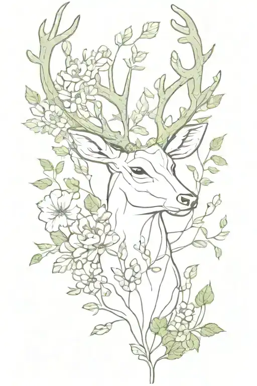 half dead half alive deer head growing mushrooms flowers moss ivy tattoo design idea