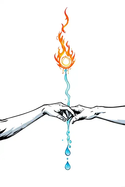An angel fire element trying to hold the hand of a devil element water tattoo design idea