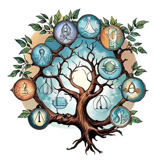 Family tree tattoo with zodiac signs gemini, cancer, pisces, aries, and libra  tattoo design idea