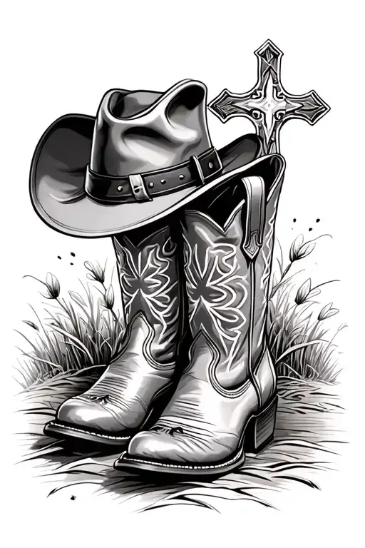 cowboy boots, hat, cross and farm background tattoo design idea
