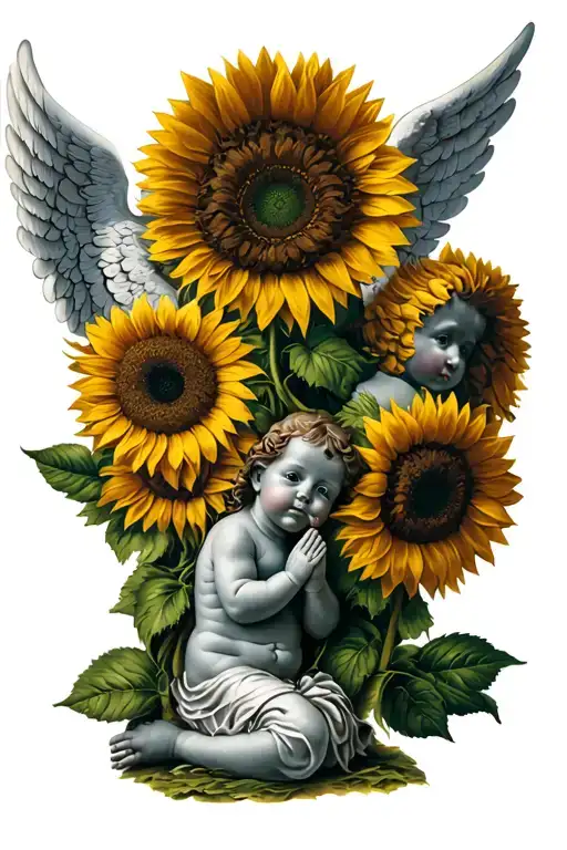 four sunflowers year 1975 and angel baby with wings praying for money, tattoo design idea