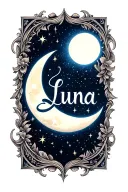 Tattoo design of the word "Luna" in elegant cursive script. Include soft moonlight glow and stars in the background. B tattoo design idea