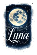 Tattoo design of the word "Luna" in elegant cursive script. Include soft moonlight glow and stars in the background. B tattoo design idea