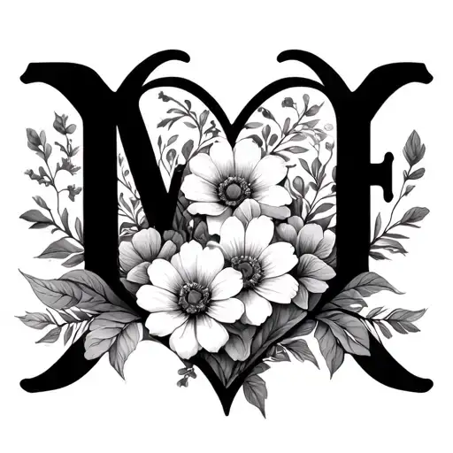 Flowers hearts and letters M e m f d tattoo design idea
