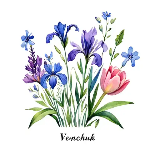 flower garden with forget-me-knots, fireweed, iris, and tulips.  The name Venechuk in the middle tattoo design idea