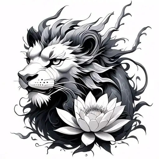 LION DRAGON WITH LOTUS FLOWERS tattoo design idea