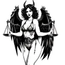 Scary girl in sexy lingerie with demon wings, holding scales of justice with her hands tattoo design idea