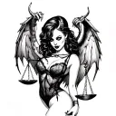 Scary girl in sexy lingerie with demon wings, holding scales of justice with her hands tattoo design idea
