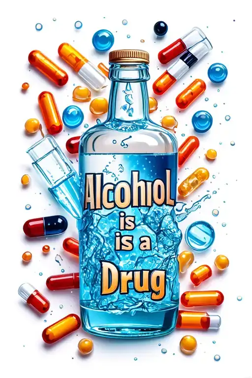 half drank Bottle of vodka with the words "Alcohol is a Drug". surround the bottle of vodka with an assortment of drugs  tattoo design idea