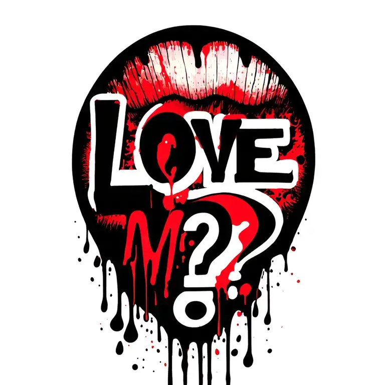 the words love me with a question mark in girly font and dripping blood  tattoo design idea